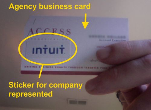 A PR person wisely stickers her business card with a company she represents